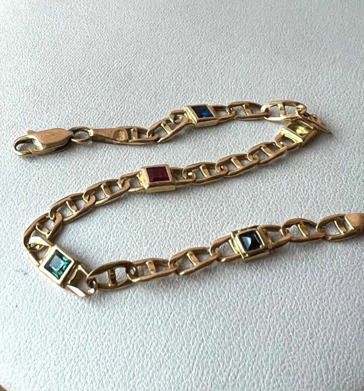 14K YELLOW GOLD MULTI GEMSTONES FIGARO BRACELET MADE IN ITALY CANDY COLORS