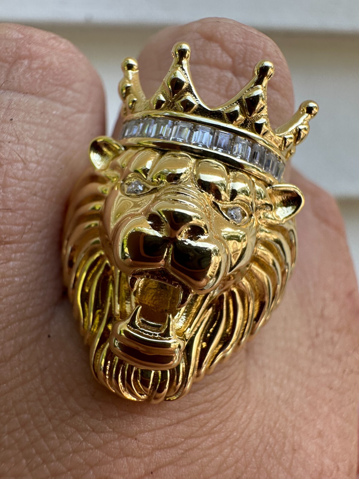 Lion W. Moissanite Baguette Crown 3D Mens Ring – 14k Gold Over Real 925 Silver
