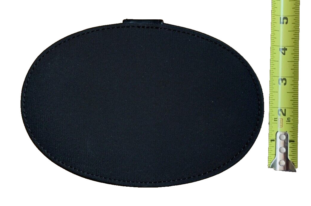 CALVIN KLEIN – BLACK FAUX LEATHER / FABRIC OVAL JEWELRY BOX – 6″ x 4″ x 3 1/2″