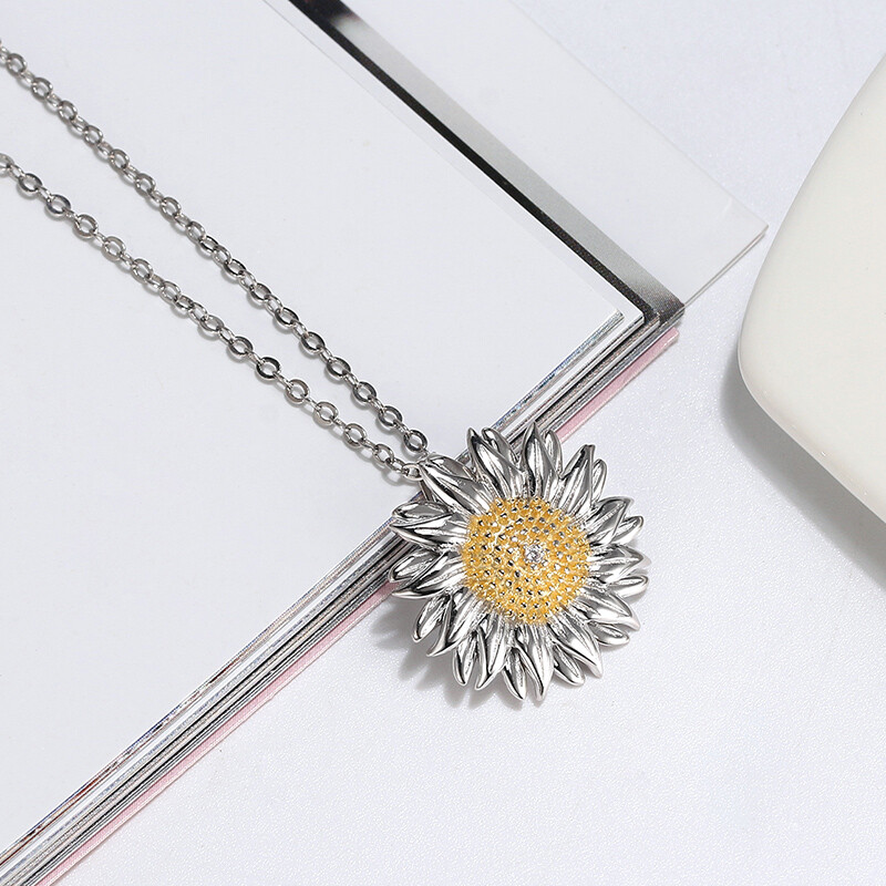 Daisy Pendant Necklace for Women Twp Tone Sterling Silver Clear Cz Ginger Ly…