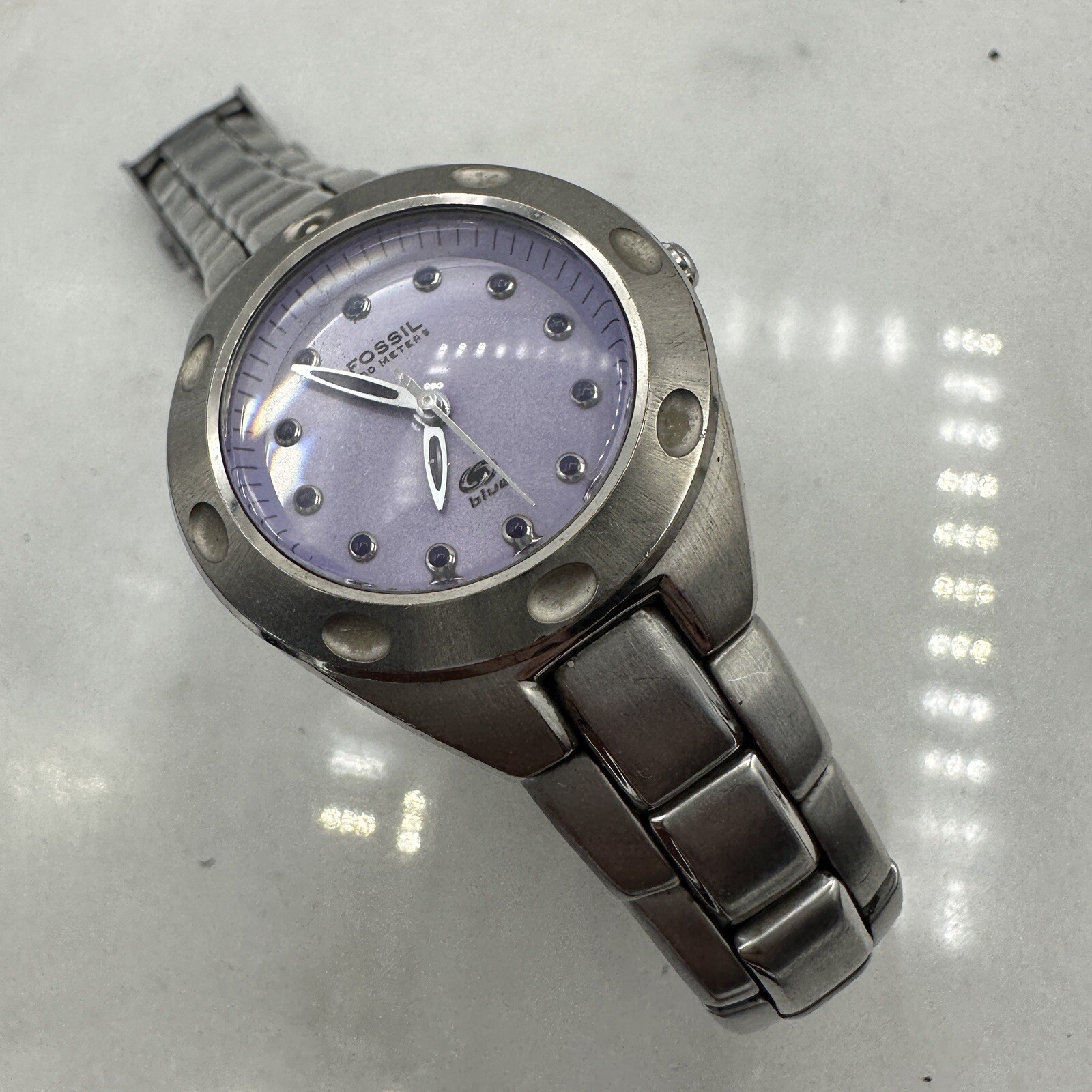 Fossil AM3388 Watch, Purple Dial, Silver Tone, New Battery Sz. 6.25”