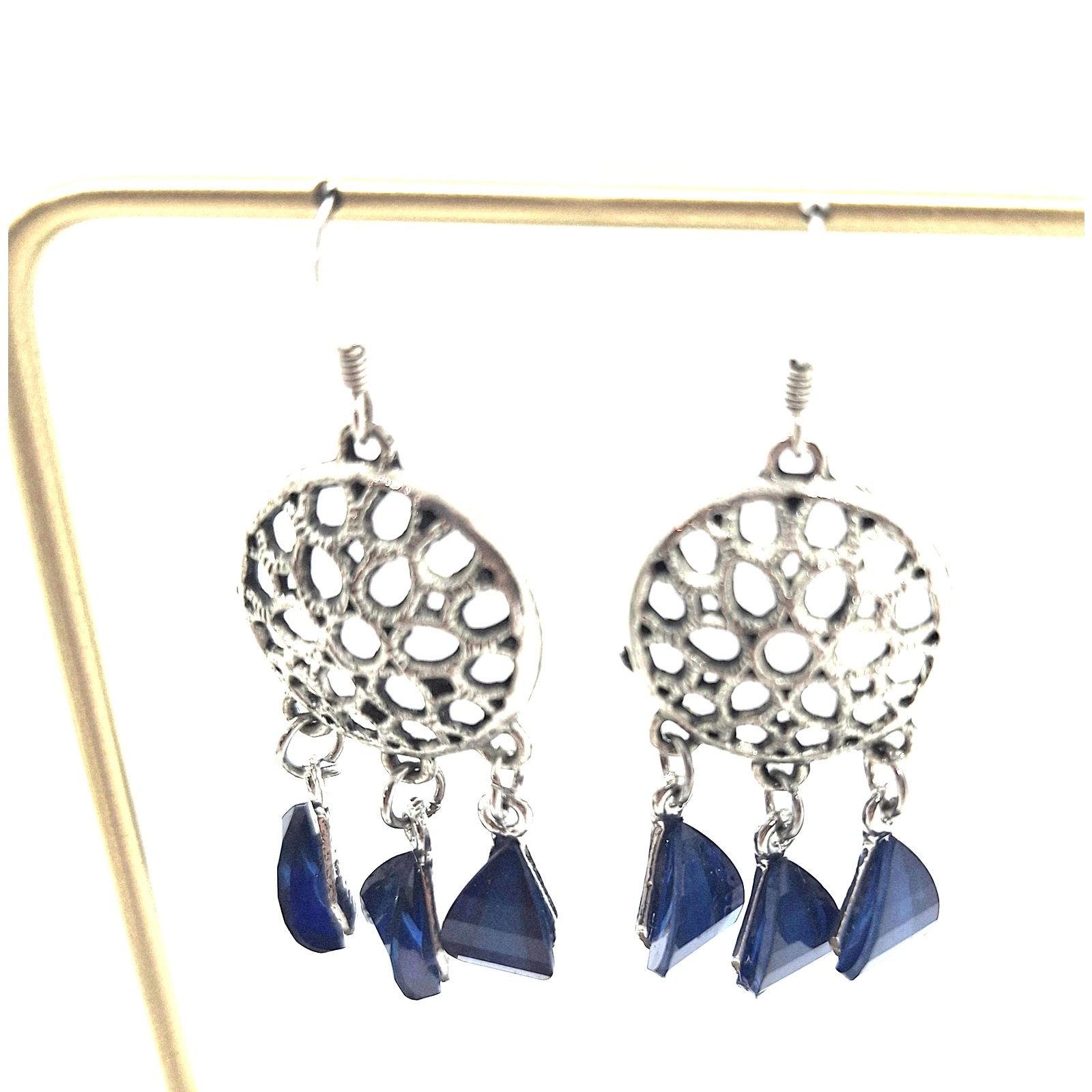 Chandelier Earrings Silver Tone Blue Acrylic Stones Fish Hook Earwires