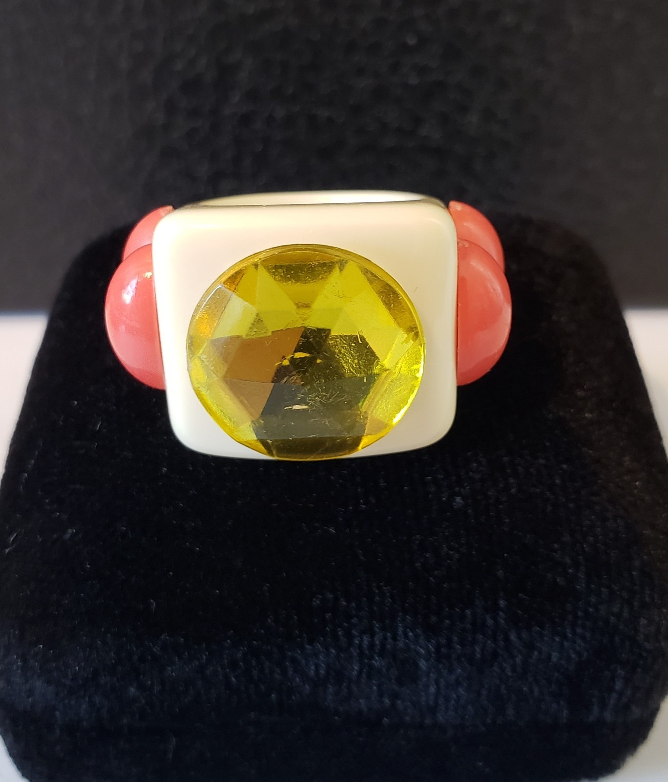 Signed La Manso Ring White Dark Pink Side Cabochons Yellow Faceted Top Sz 5