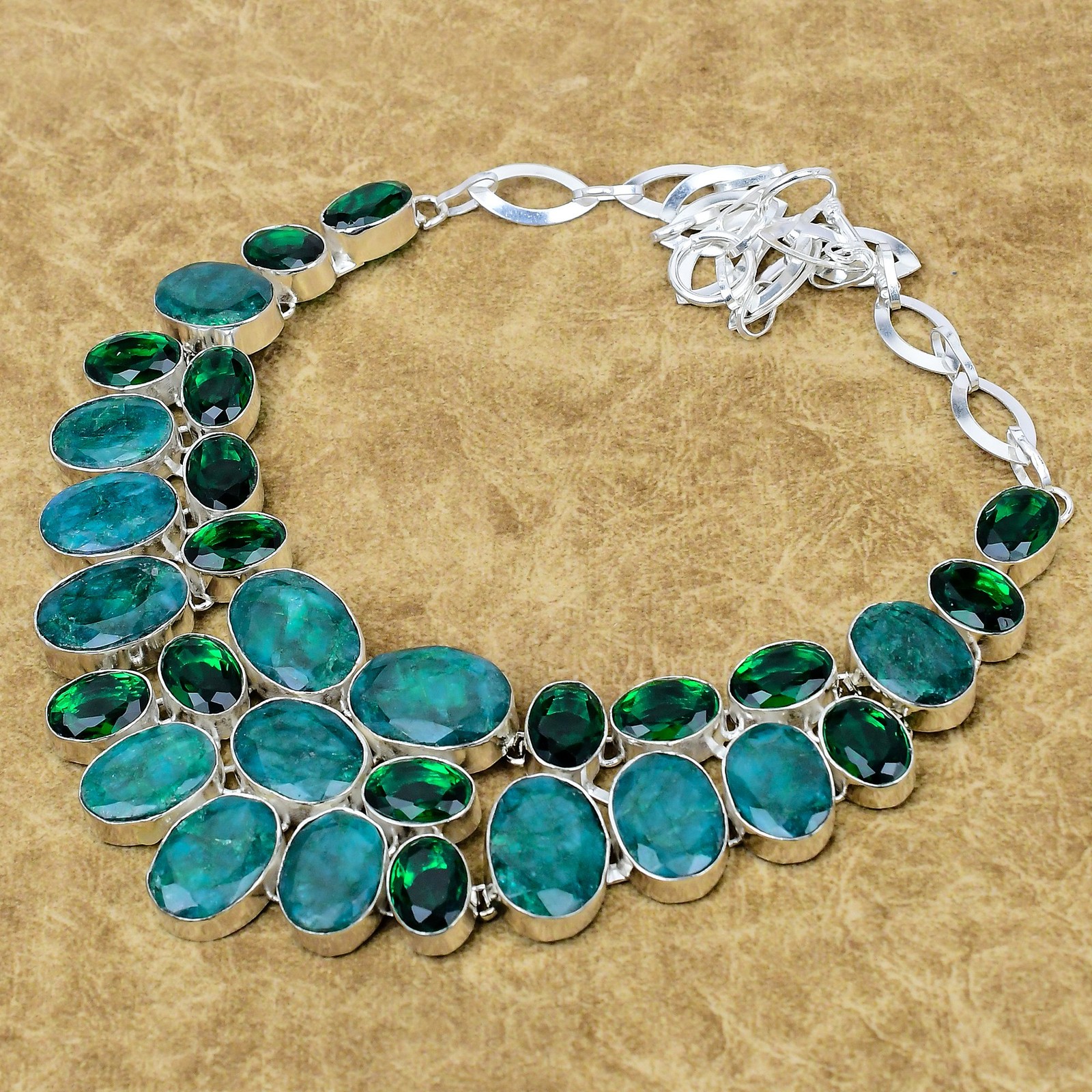 Natural Zambian Emrald, Diopside Gemstone Necklace 925 Sterling Silver Jewelry