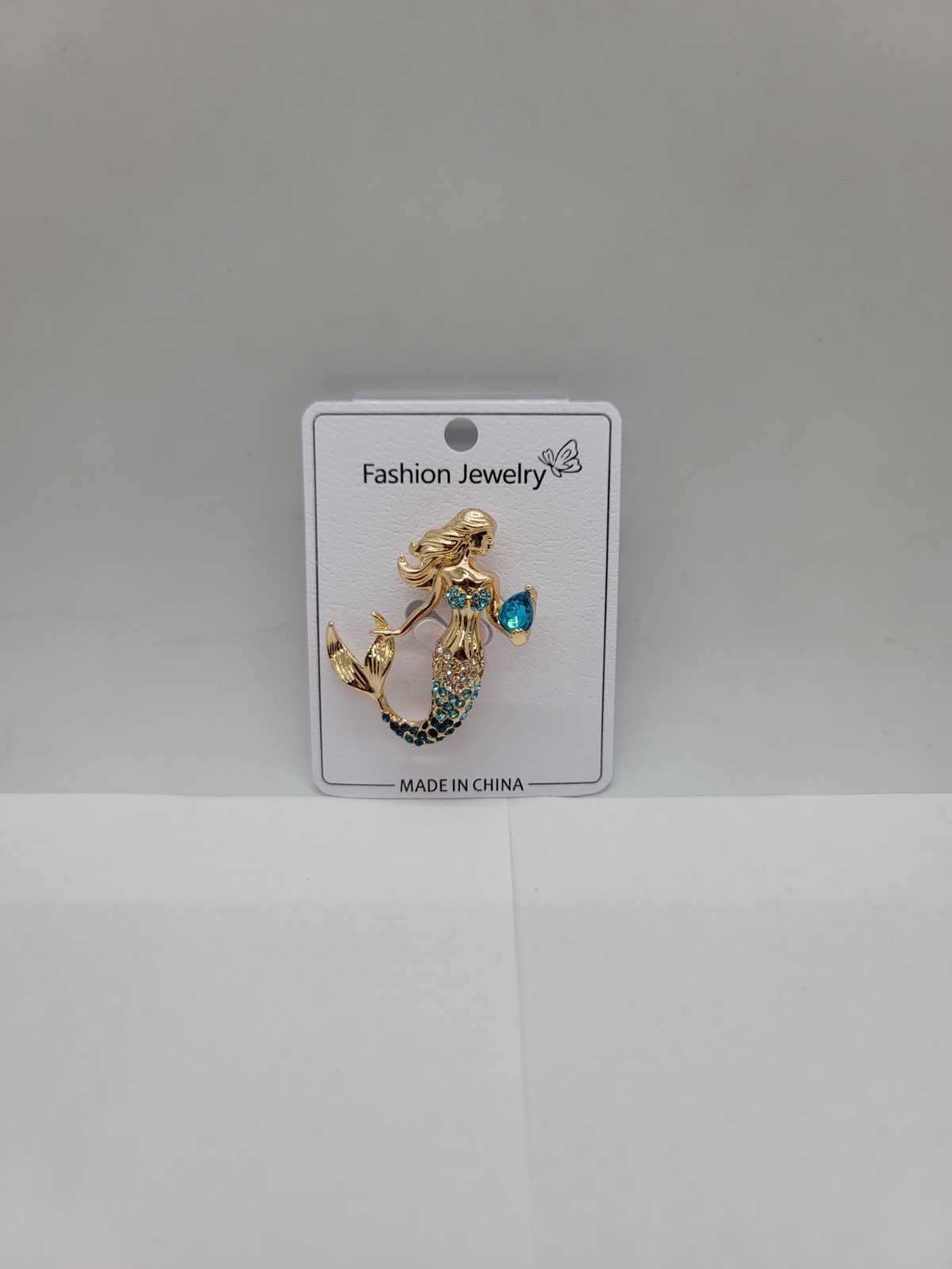 Gold-Tone Mermaid Brooch with Blue Gem – Rhinestone Tail & Top – Ocean Fantasy