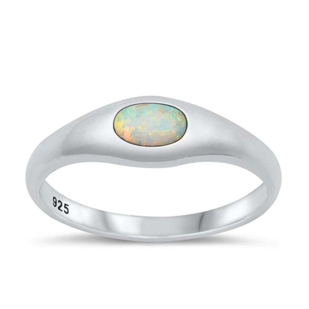 White Lab Opal Cute High Polished Ring New .925 Sterling Silver Band Sizes 2-9
