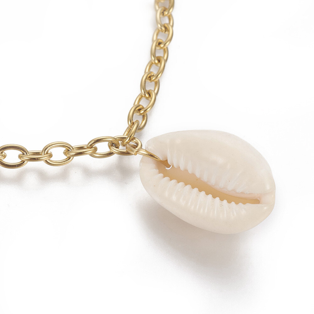 Stainless Steel Charm Bracelet Cowrie Shell Saint Benedict Medal Gold 7.7″ Z64