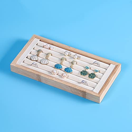 Bamboo Ring Display Holder Jewelry Storage Tray Organizer Ring Beige Velvet