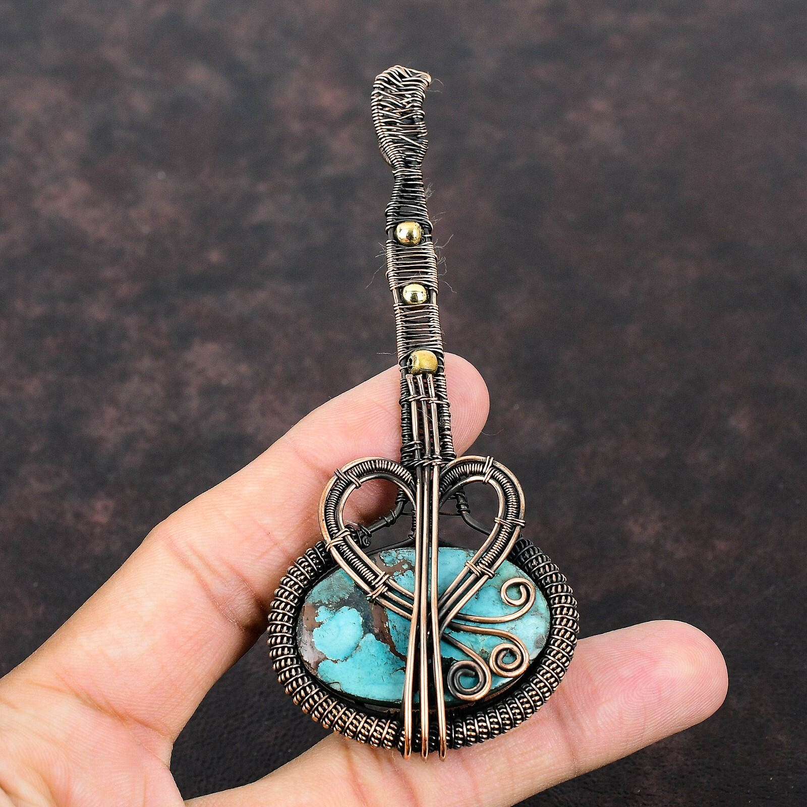 Copper Natural Tibetan Turquoise No Stone Wire Wrapped Guitar Pendant Jewelry
