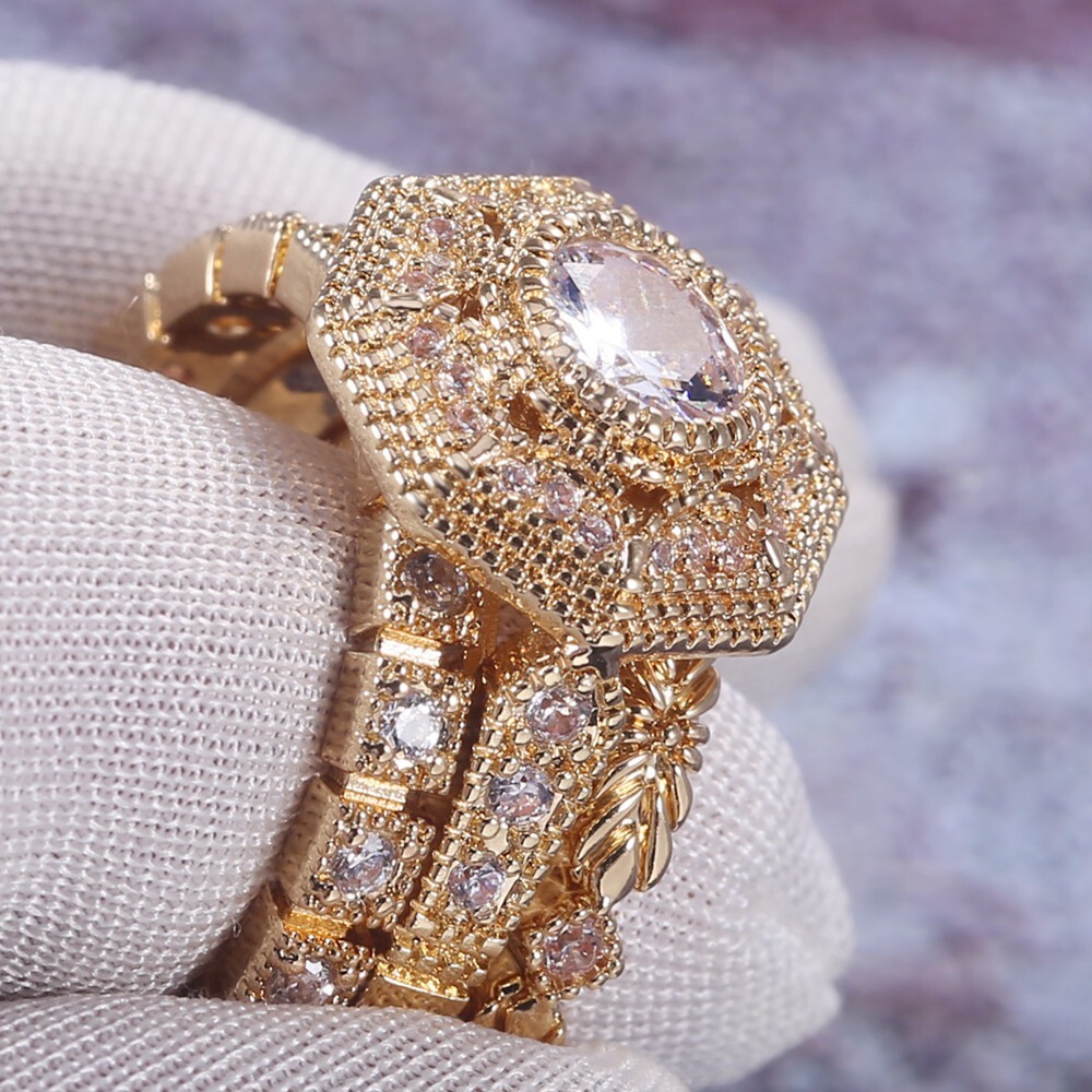 Gold Plated Geometric Vintage Ring Set 2Ct CZ Wedding Trio Set Couple Gifts Band