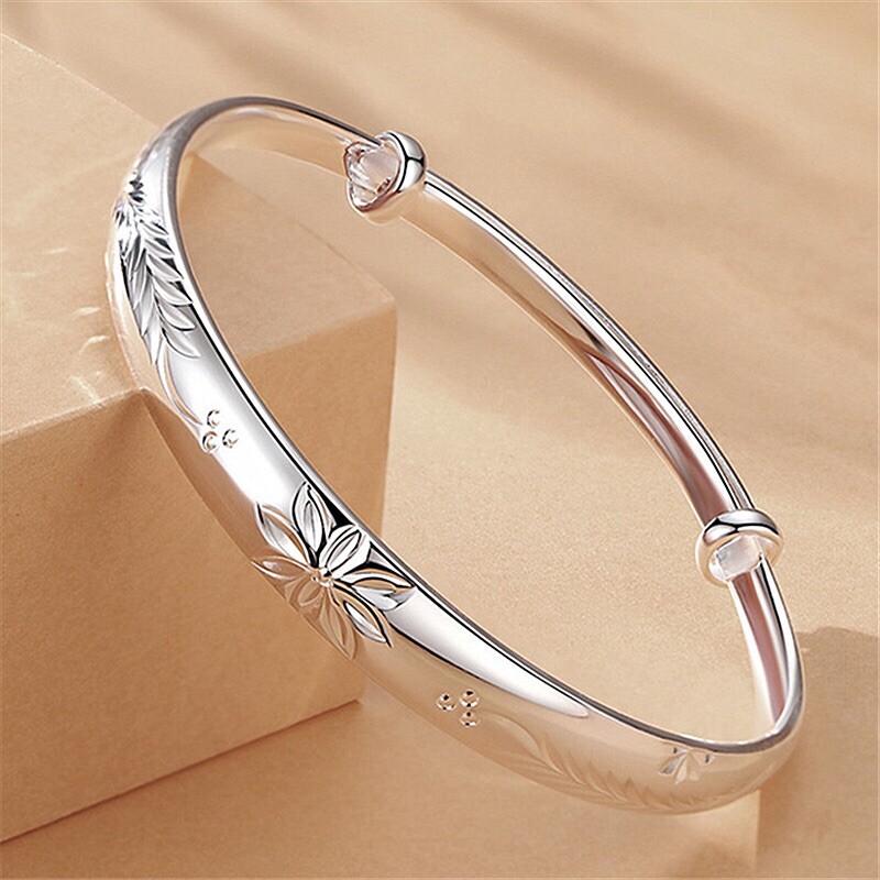 Vintage Handmade 925 Sterling Silver Lucky Flower Bracelet Hand Bangle