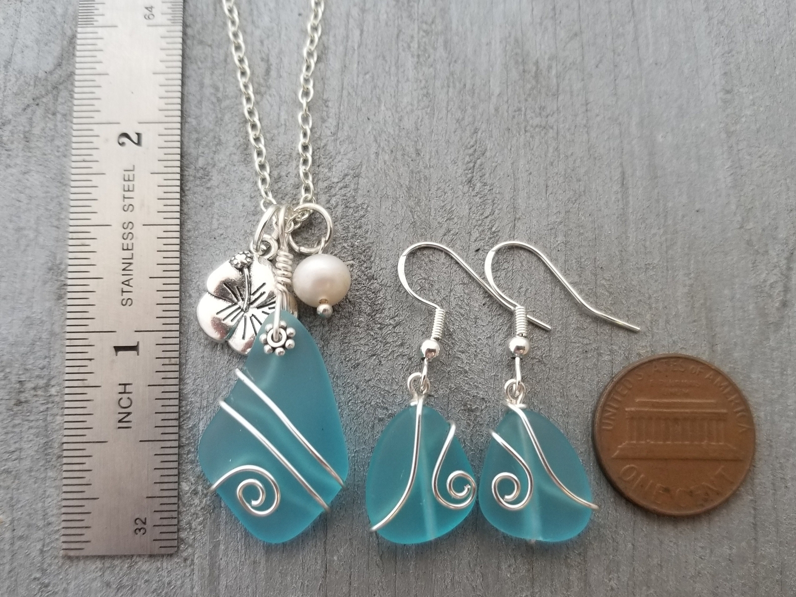 Made in Hawaii, Wire wrapped blue sea glass necklace + earrings jewelry set,