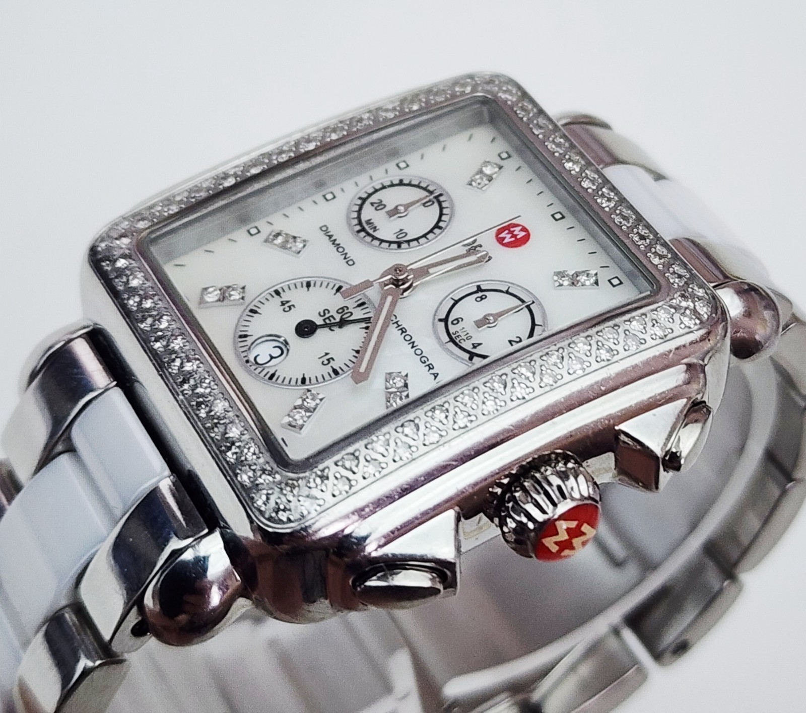 Women’s CHRONOGRAPH Watch MICHELE “Deco” MW06A01A1046. Diamonds Bezel. MOP Dial