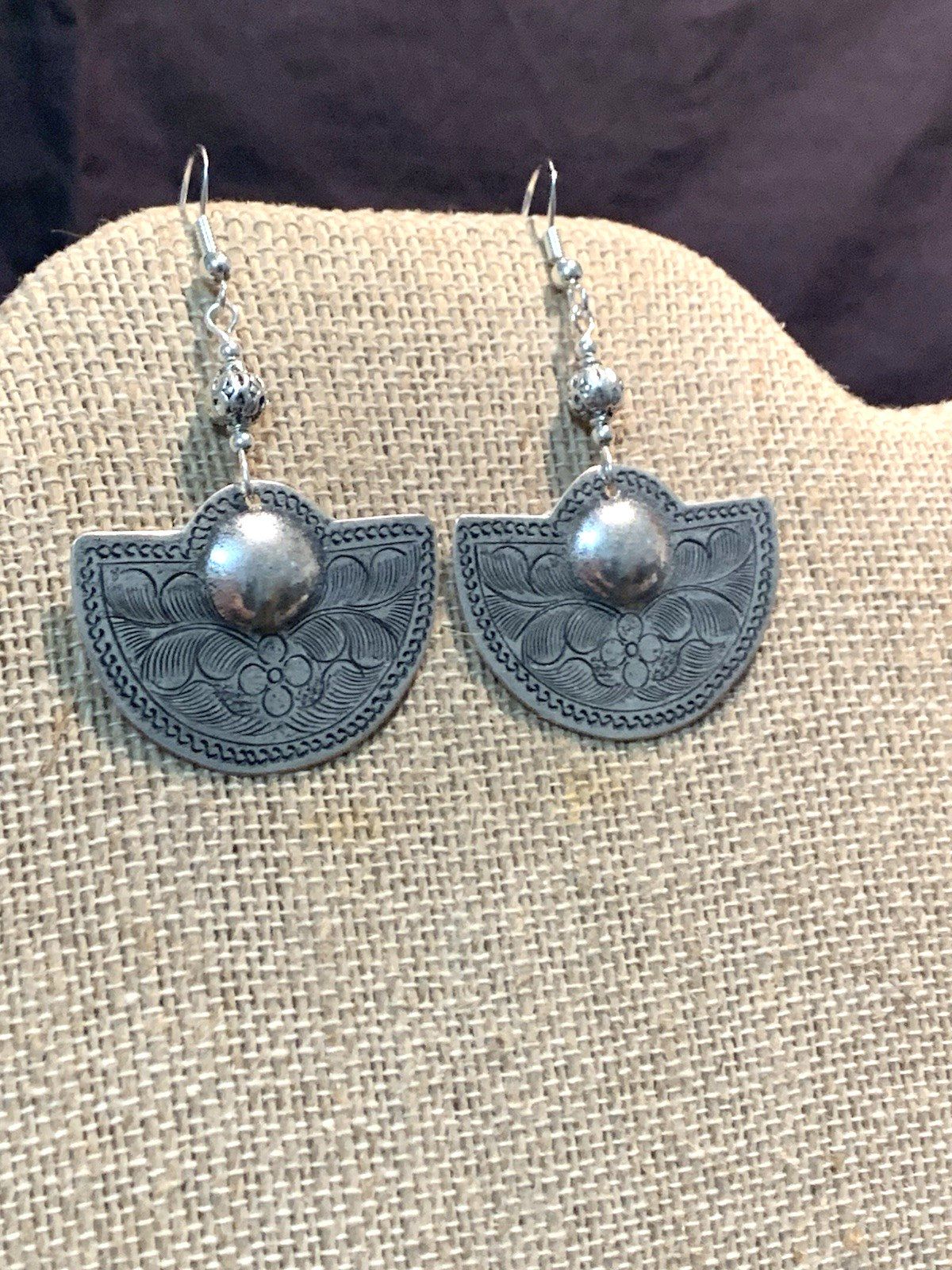 NEW ITEM *MED. ENGRAVED SILVER HILL TRIBE HALF-MOON DROP EARRINGS .925 WIRES-NEW