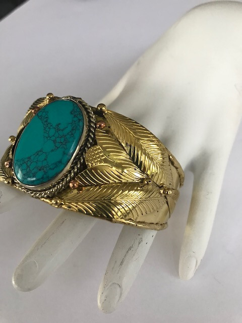 Blue Turquoise Cuff Bracelet 2-Tone Metal Leaf Pattern Cuff Stunning Piece