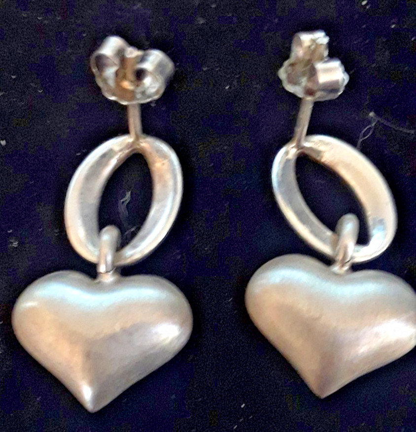 Vintage Sterling Silver Puffy Heart About 1 Inch Drop Earrings