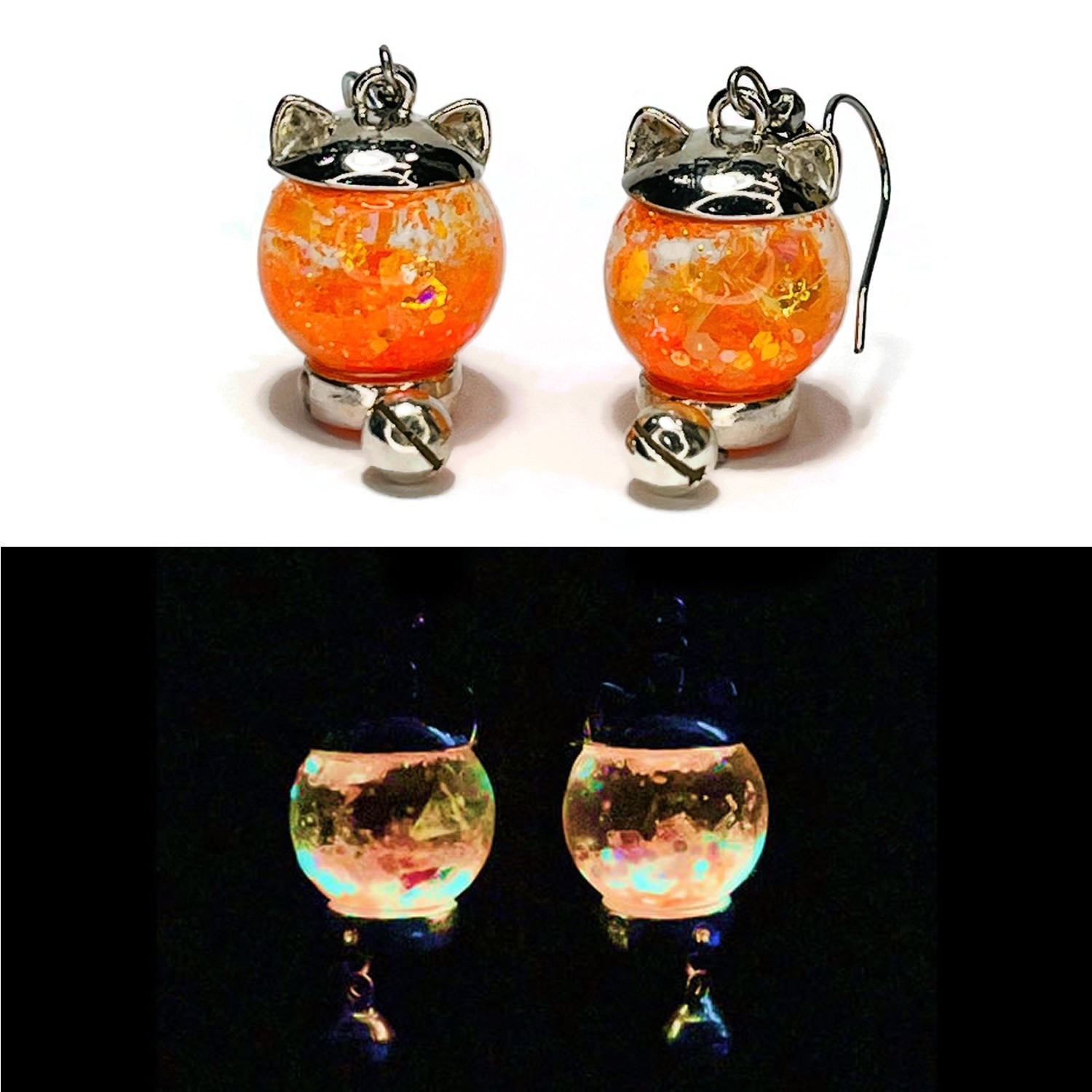 Orange Cat Crystal Ball Glow in the Dark Glass Water Globe Earrings