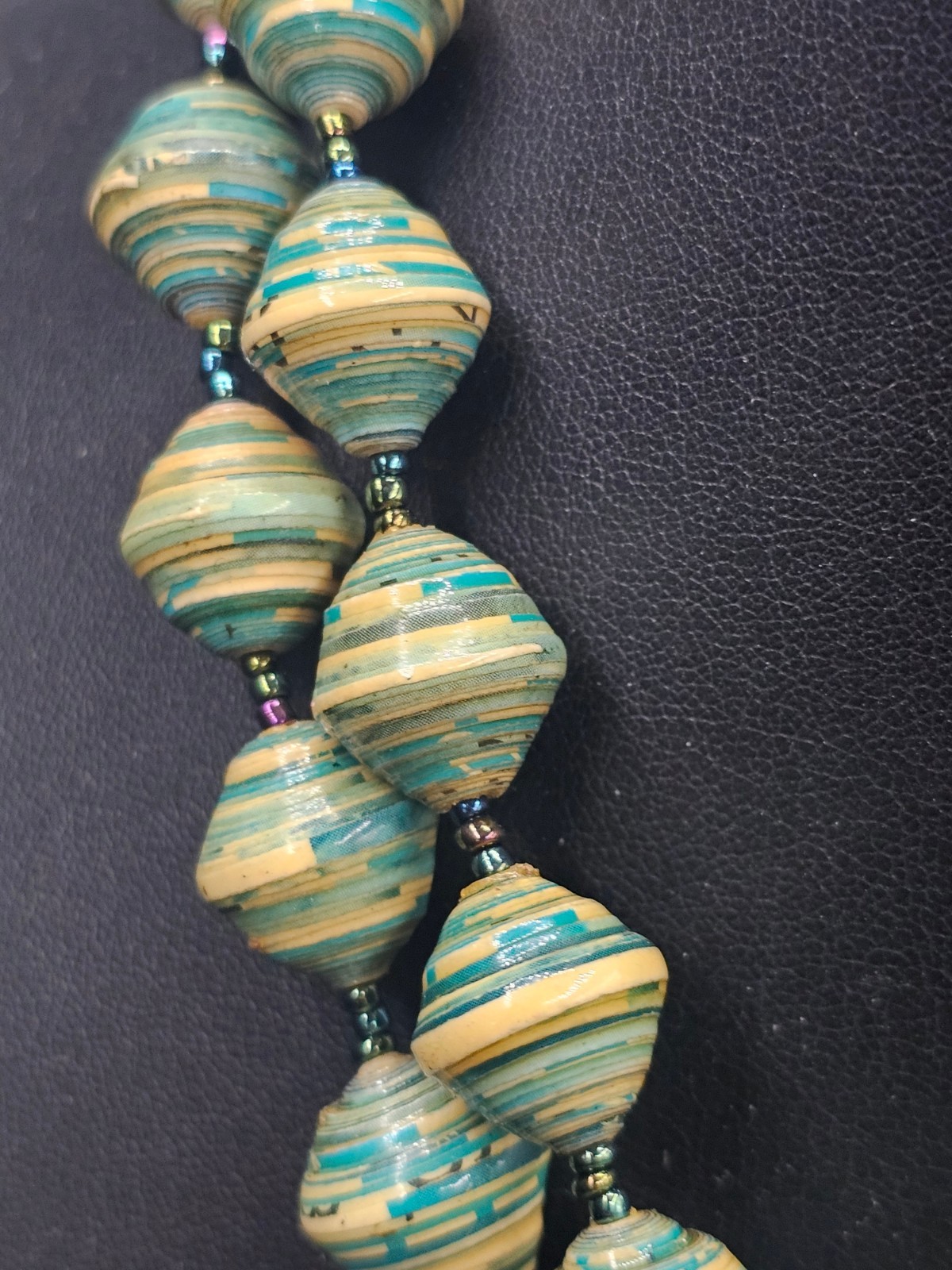 Handmade Recycled Paper Bead Strand Necklace Teal Tan Artisan Boho
