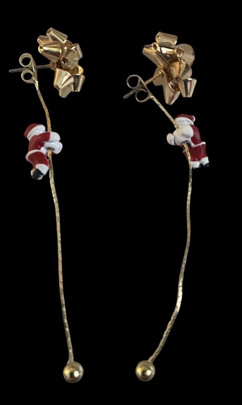 Christmas Bow Dangle/Drop Earrings Post Back Metal Gold Tone Red White No Stone