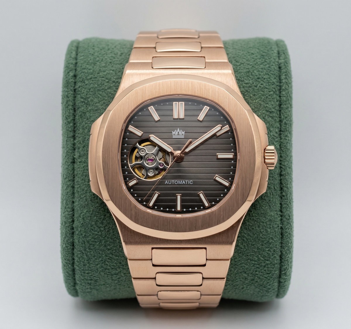 Nauteiko Mod Custom Made Automatic Watch Rose Gold Chocolate Dial Open Heart