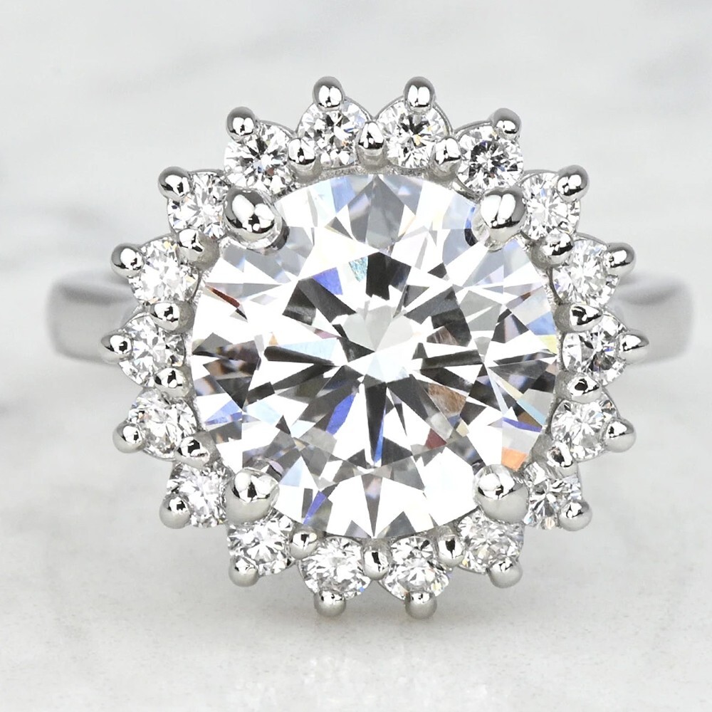 11.00 mm Round Cut Moissanite Halo Set Engagement Ring In 14K White Gold Plated