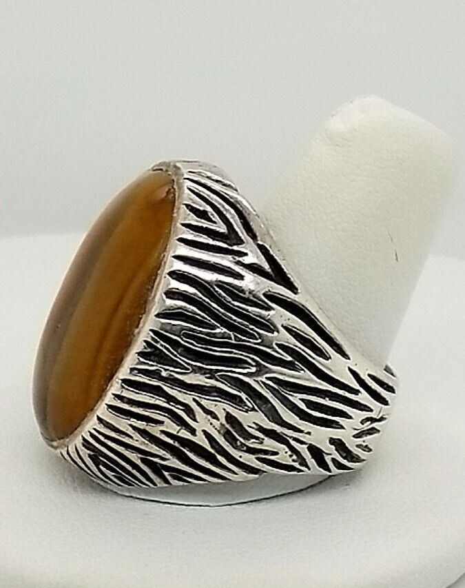 Oval Cut Tiger Eye Sterling Silver Antiqued Waves Ring, Size 12 1/2, 20.1 Grams