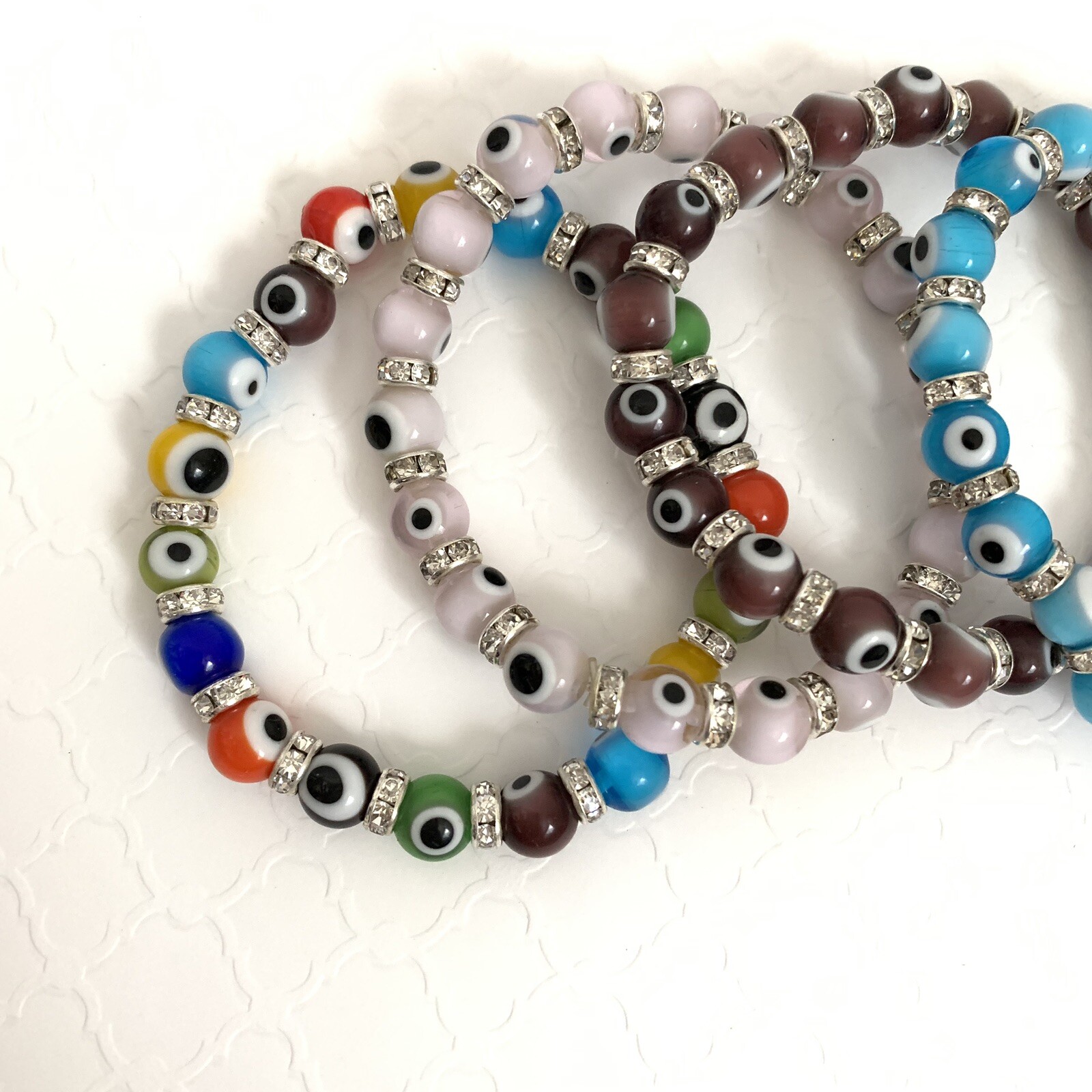 Evil Eye Bracelets Medium Glass Beads Crystals Elastic String Many Colors Stack