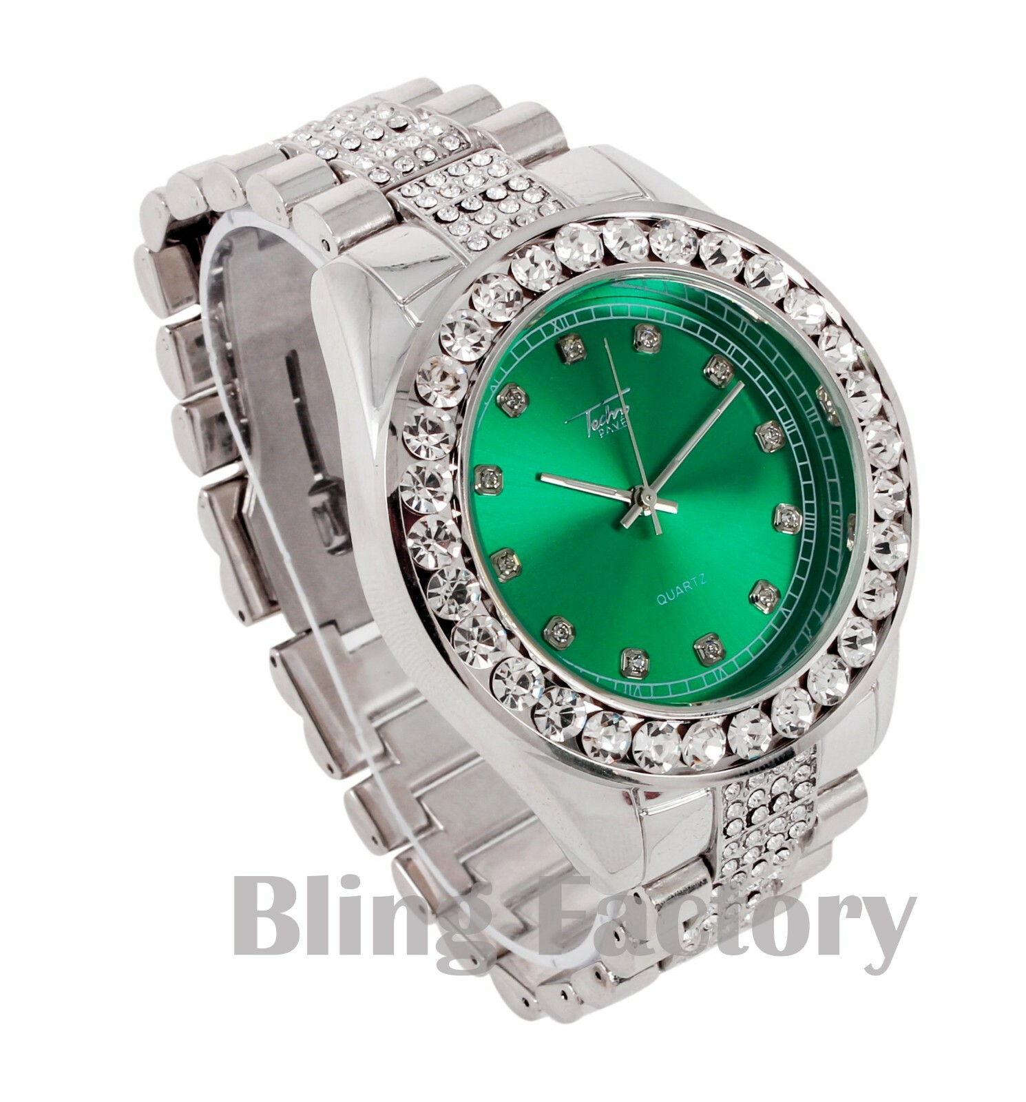 Men Hip Hop Iced Bling Silver PT Green Dial Bling BIG Simulated Diamond Watch