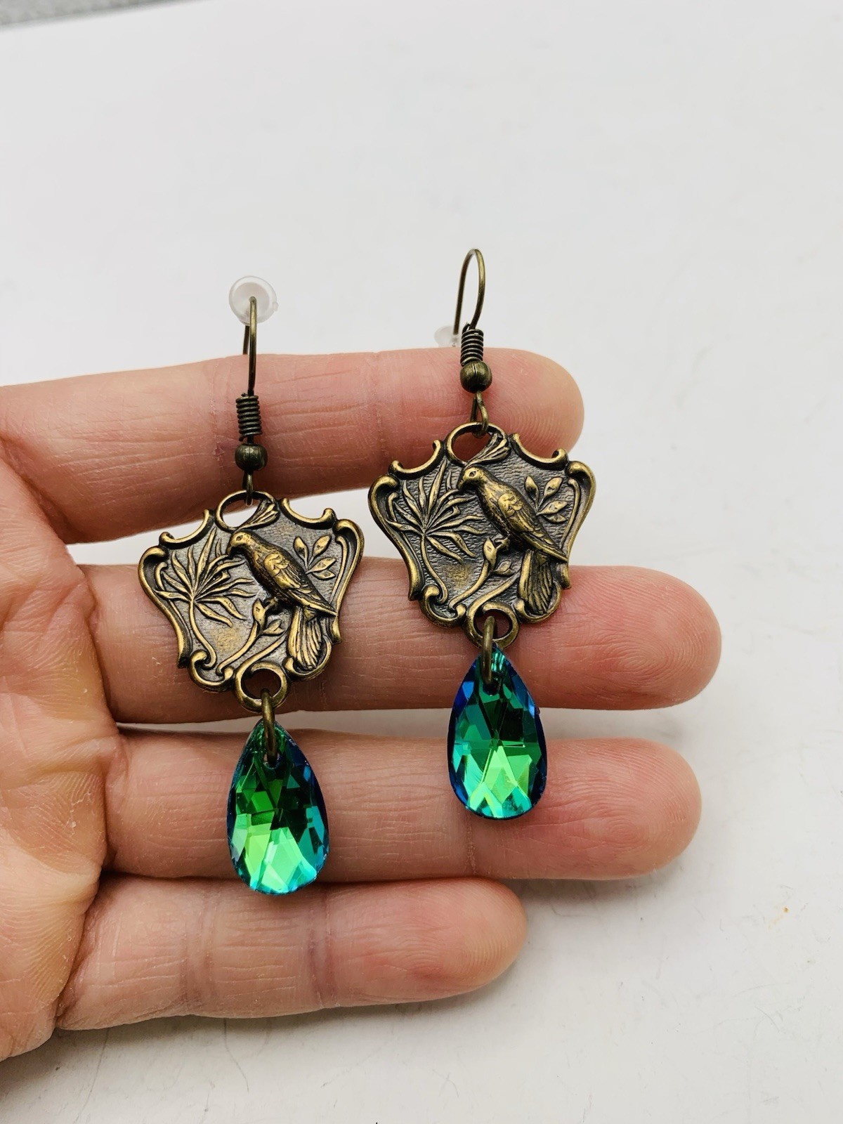 Vintage Style Bronze Art Nouveau Enchanted Bird Rainbow Blue AB Hook Earrings
