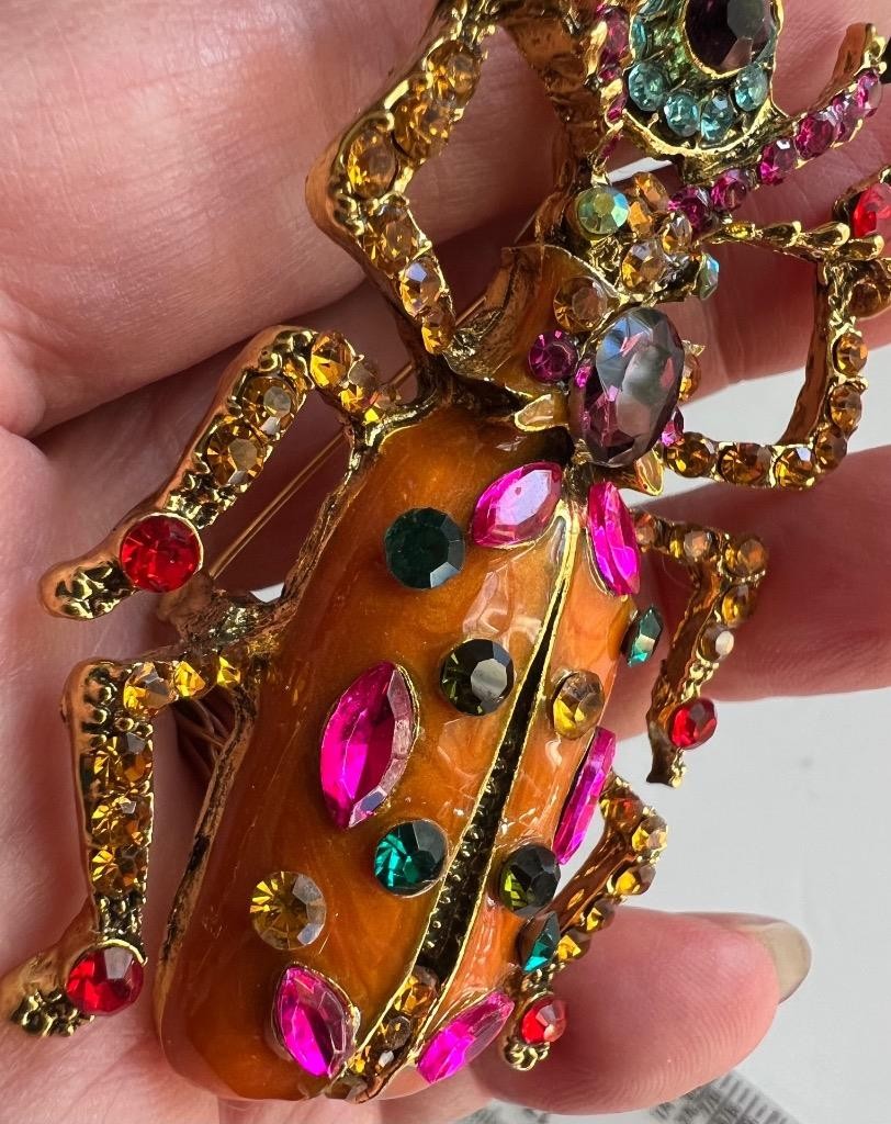 Scarab Beetle Pin LARGE Orange Enamel Rhinestone Victorian Egyptian Rev Vtg