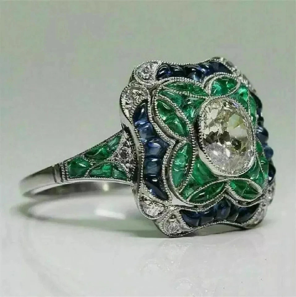 Art Deco Style Lab Created Diamond & Emerald Engagement 14k White Gold FN Ring
