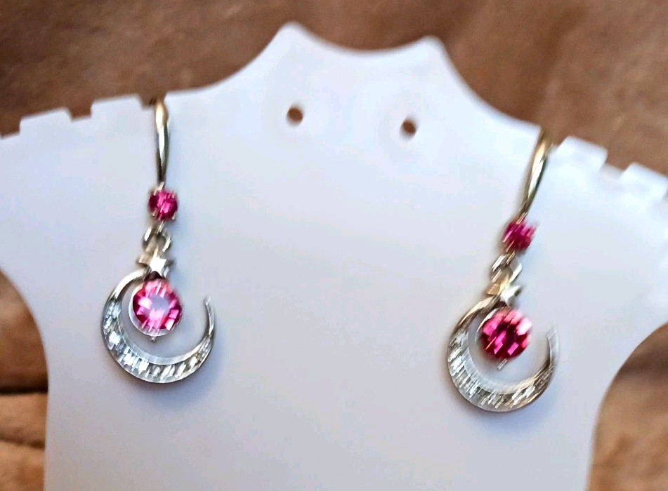 Womens Fashion Earrings Pink Crystal Crescent Moon Dangle Drop Hook Costume