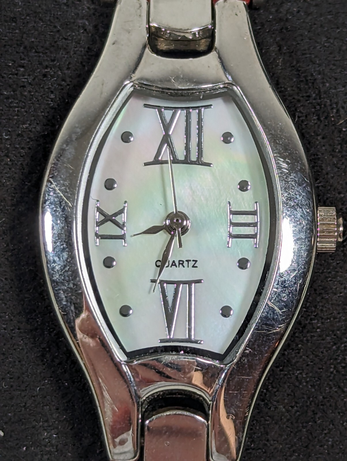 White Pearlized Dial Silver Tone Rectangle Case Red Leather Band Watch 7.25 In