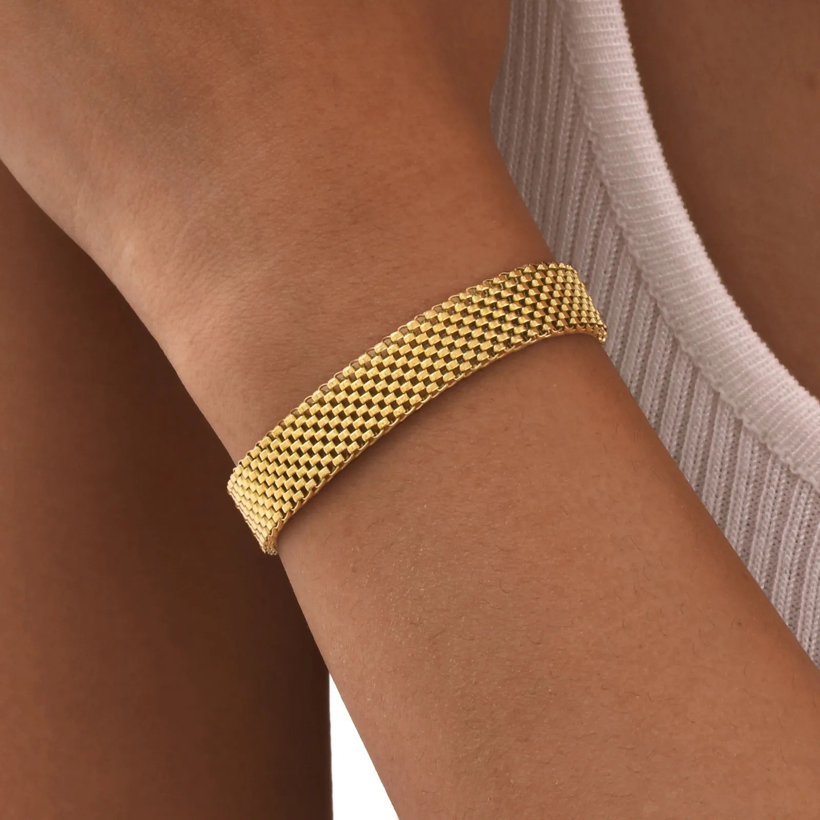 Women’s Gold Tone Wide Mesh Chain Bracelet Stainless Steel Adjustable Lobster