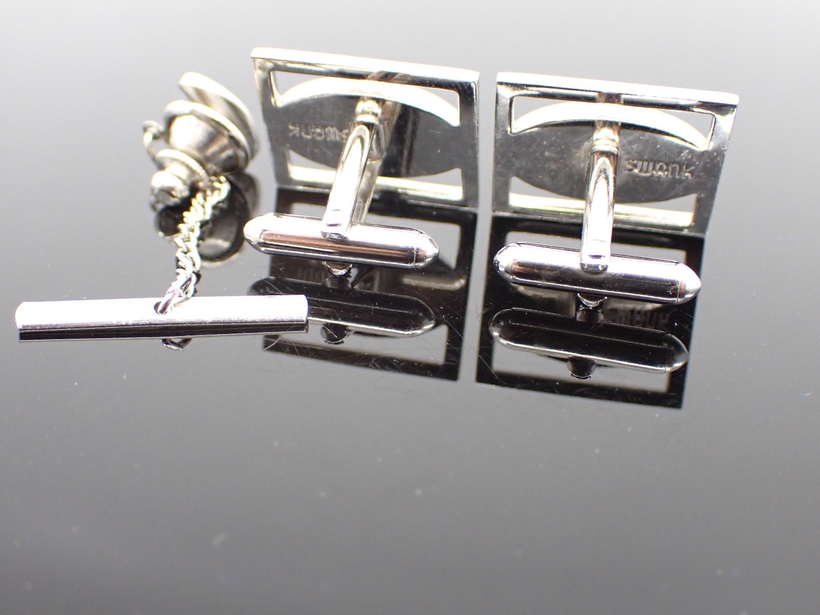 Vintage Swank Silver Tone Cufflinks Tie Tack Set Etched Oval Mid Century Modern