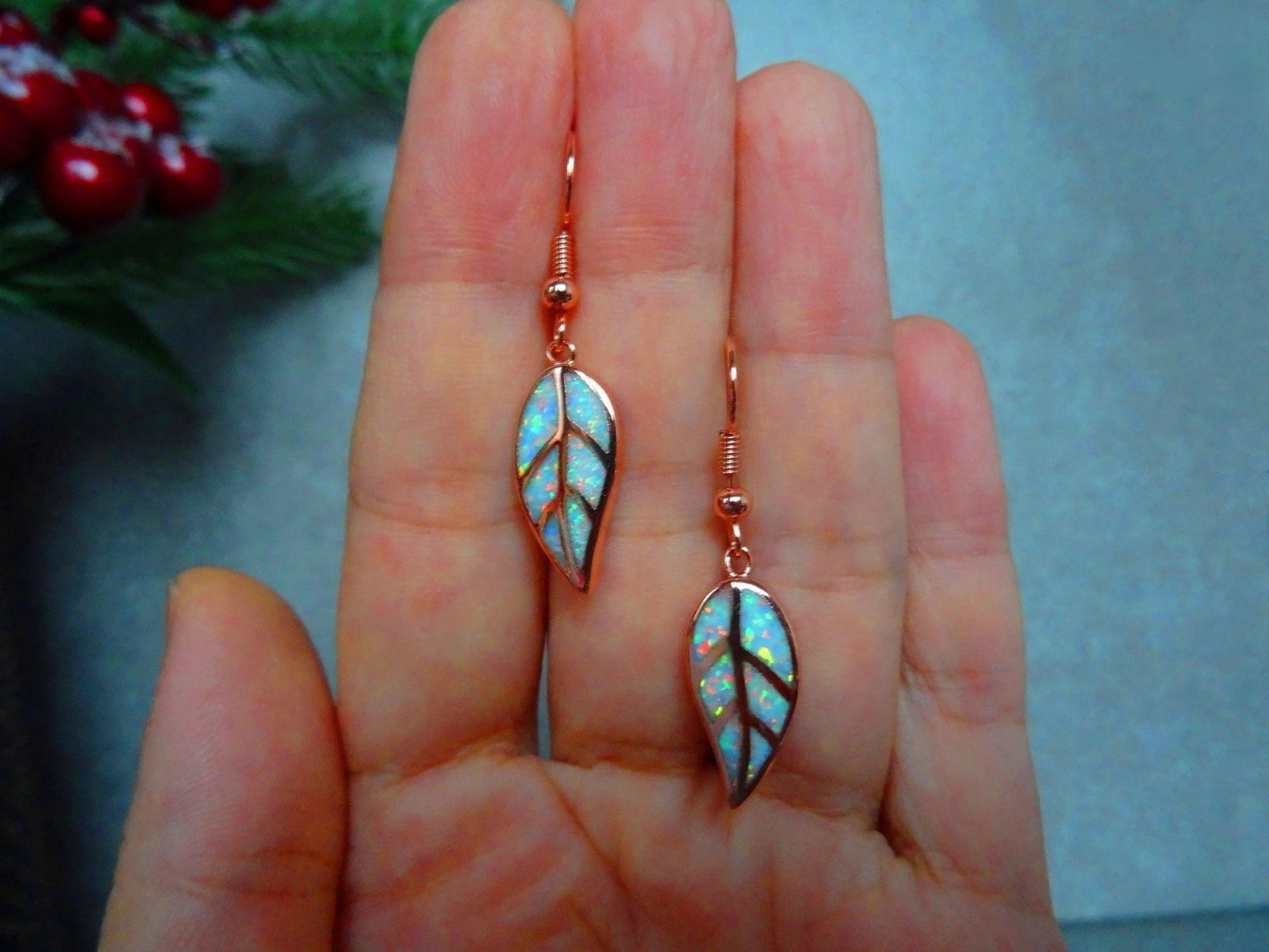 Rose Opal Leaf Earrings Rose Gold Plated Fire Opal Earrings in Rose Gold Opal