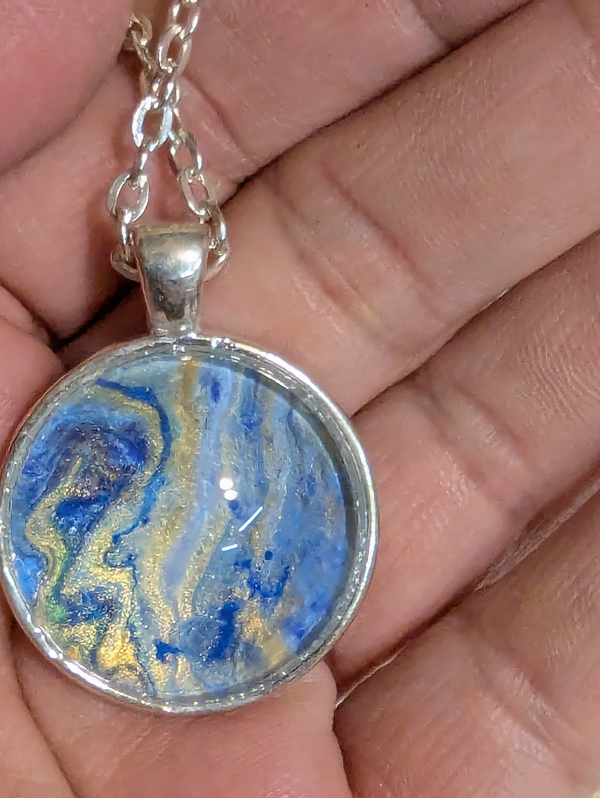 Hand Painted Abstract Blue Pendant Silver Tone Necklace Glass Dome Bezel 24 Inch