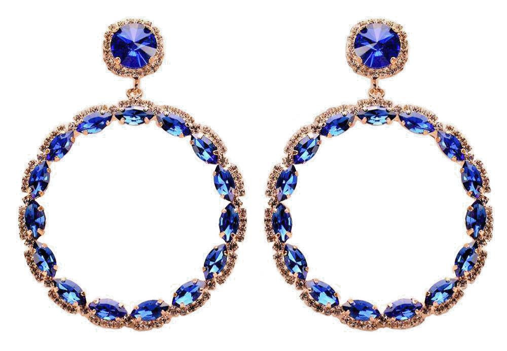 Royal Blue Crystal Hoop Earrings Extra Large Special Occasion Chandelier 3′ L