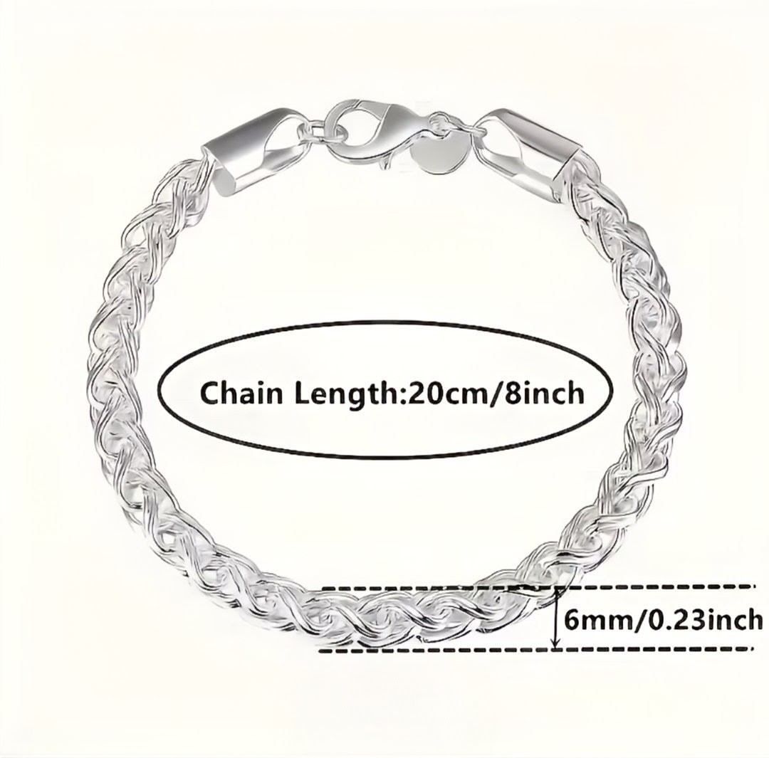 Sterling Silver 925 Braided Chain Bracelet 8in with Lobster Clasp