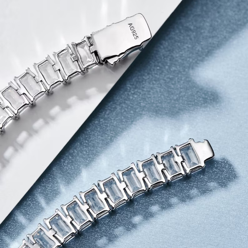 Classic 6x4mm Emerald Cut DEF Moissanite Tennis Bracelet 14K White Gold Plated