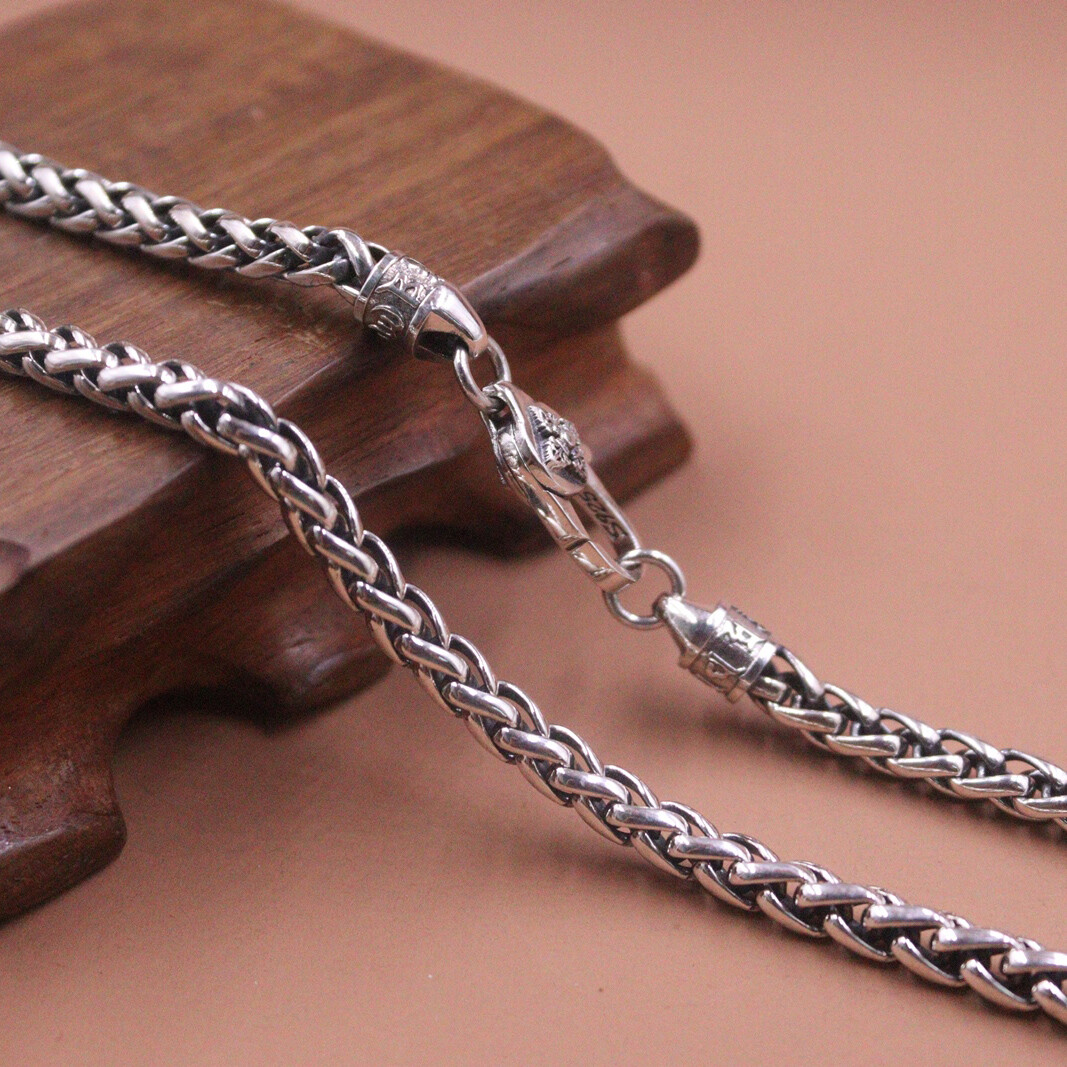 Pure S925 Sterling Silver Chain Women Men 5mm Round Wheat Link Necklace 22inchL