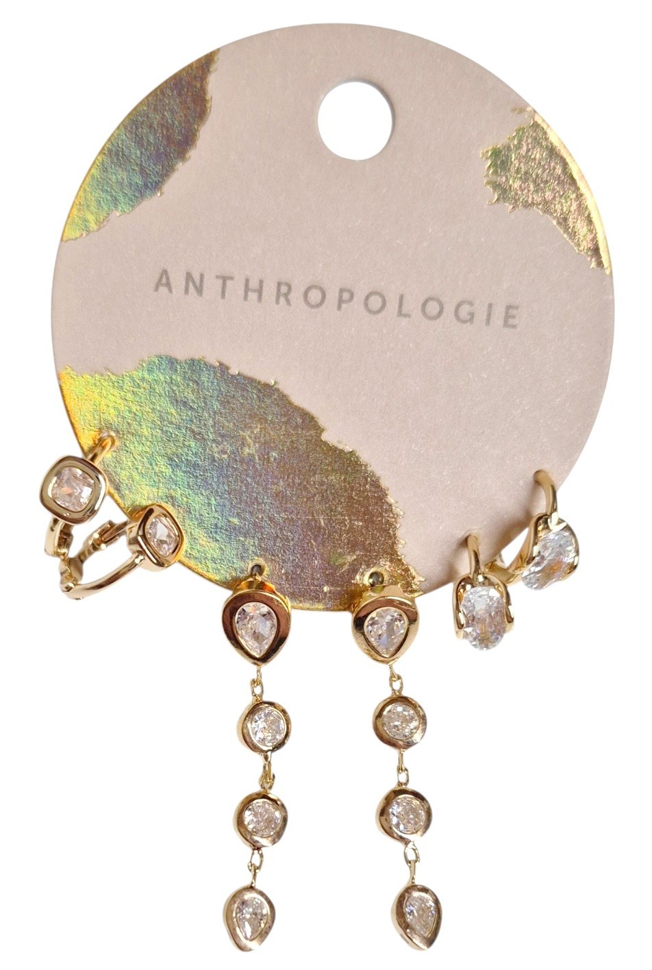Anthropologie Glitz Crystal Earring Set Cubic Zirconia 14k Gold Plated Brass New