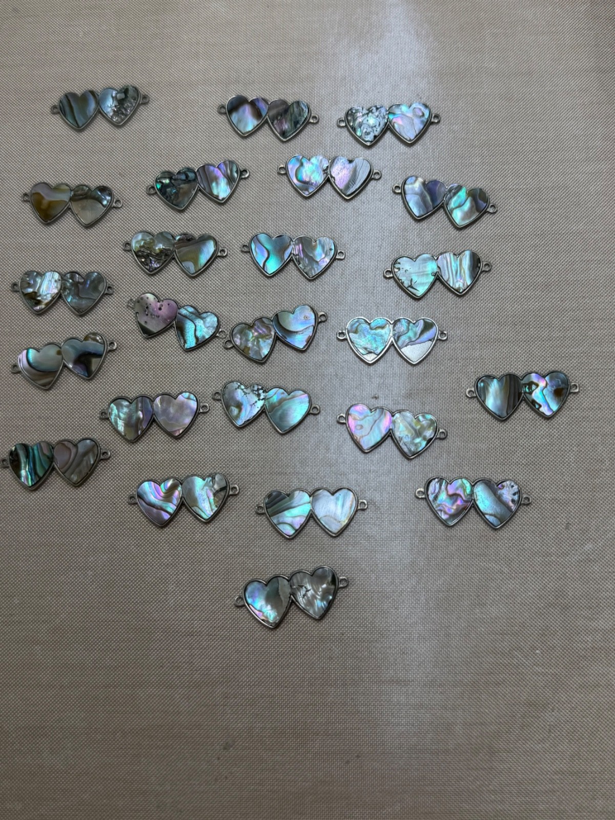 Vintage Abalone Shell Double Heart Connectors Lot of 24 Silver Tone Jewelry Find