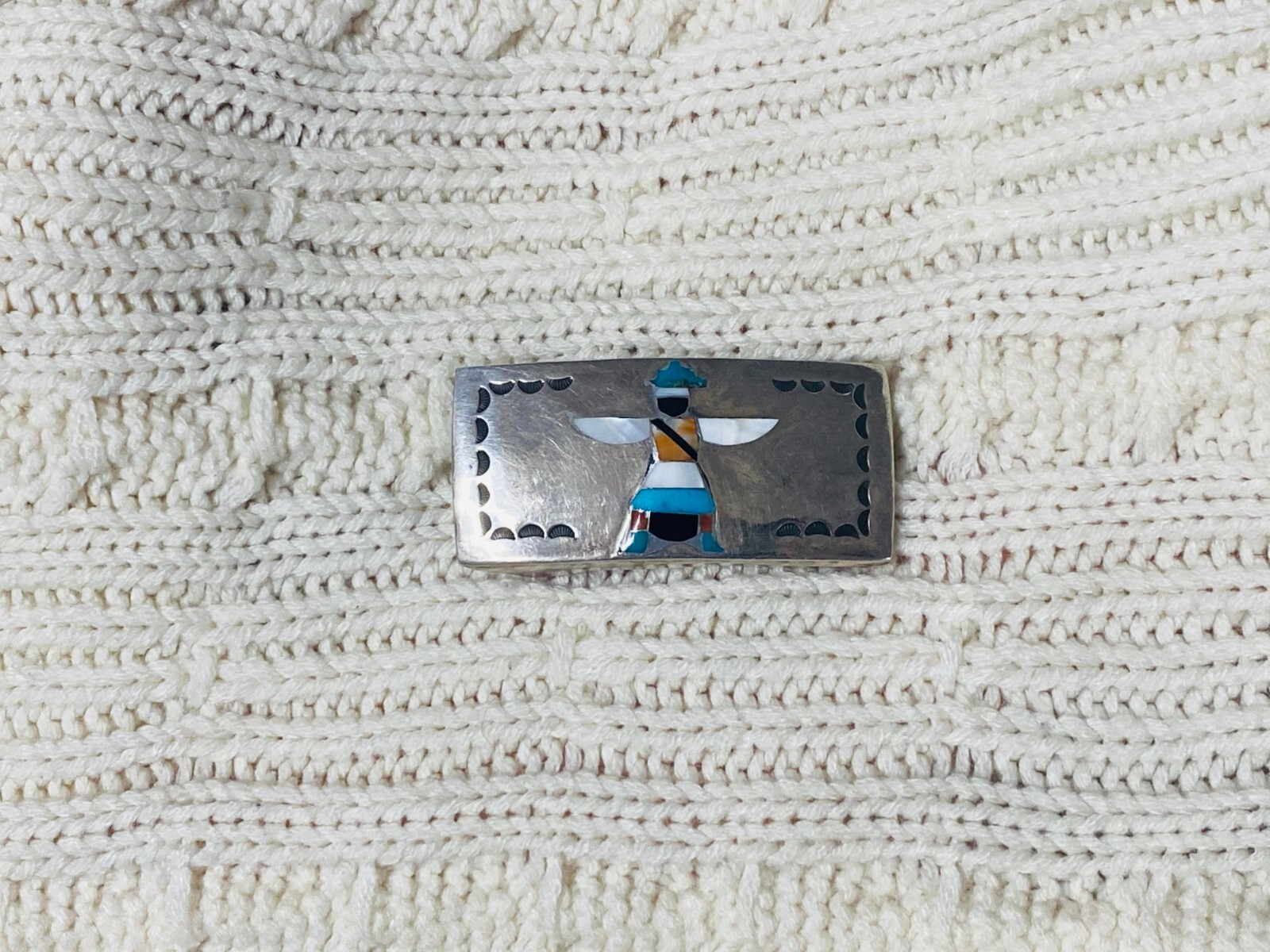 Native American RARE Zuni Frank Vacit Inlaid Sterling Zuni Knifewing Belt Buckle