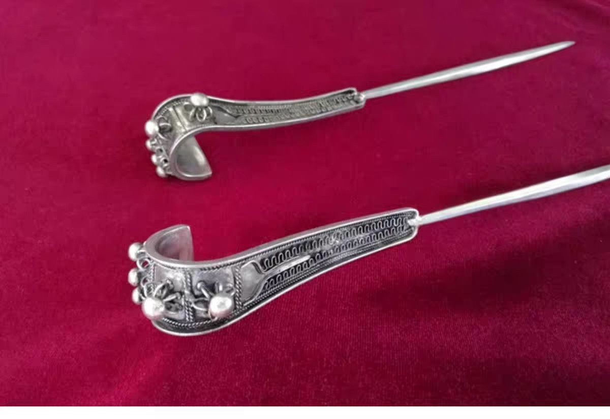Vintage Ethnic Silver Hair Pin 24cm Handmade Hanfu Traditional Hair Stick