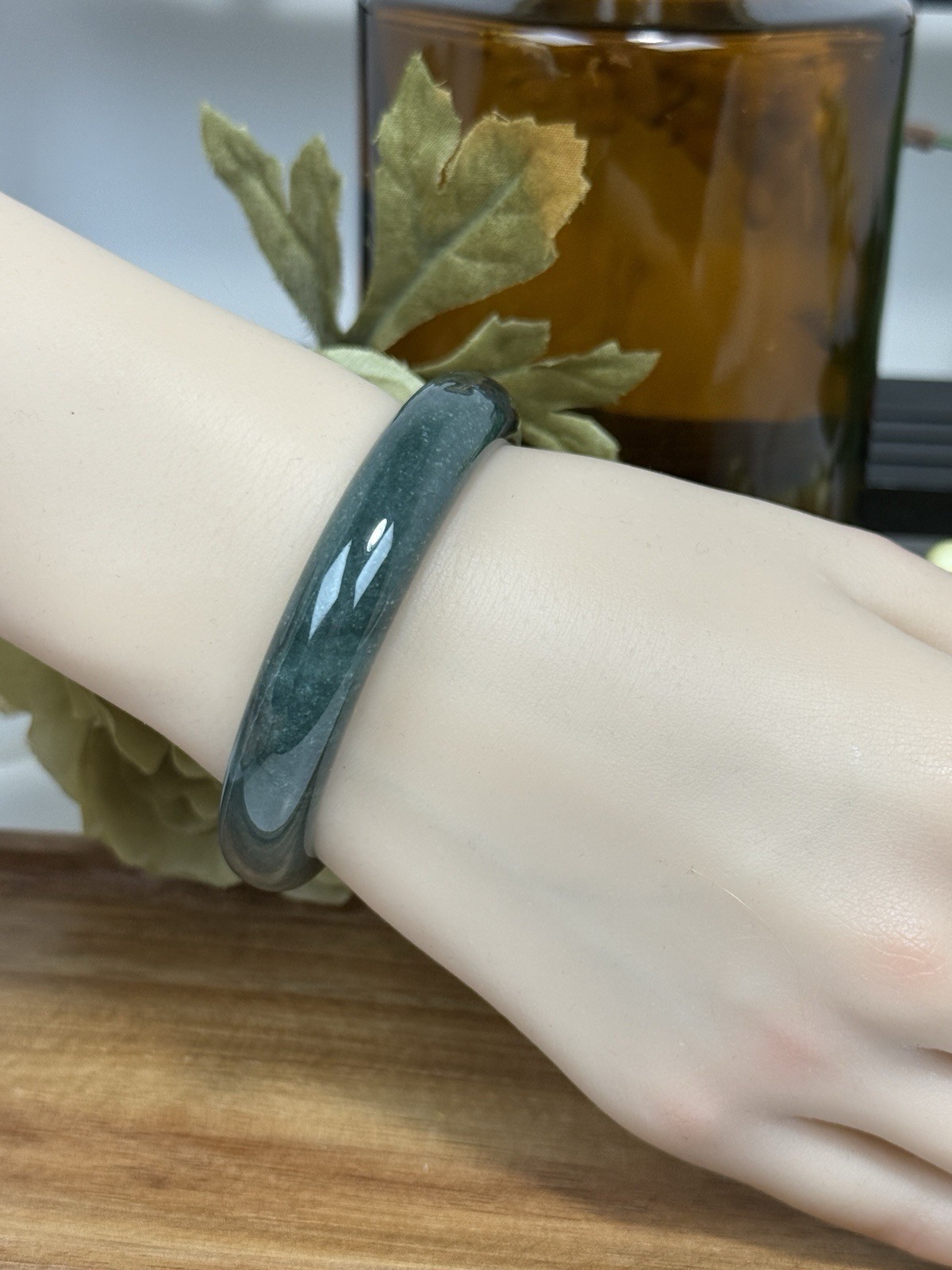 Blue Water Jade Dark Green Hard Bangle Size 55.9 Width 11.8MM w/Certificate