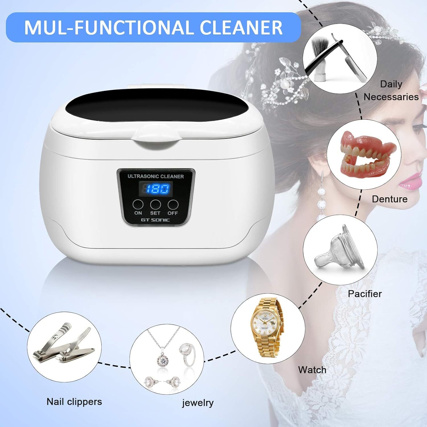 Ultrasonic Cleaner Portable Ultrasound Jewelry Watch Glasses Cleaning Machine US