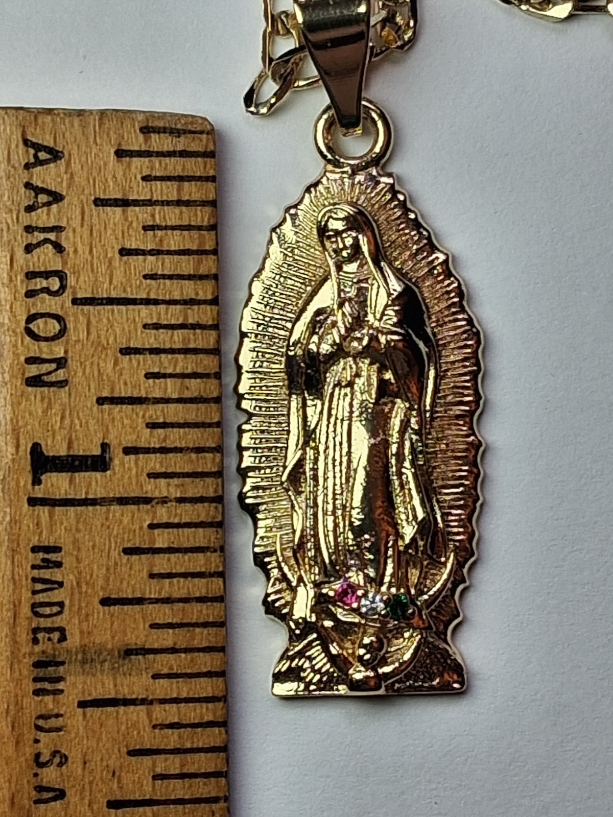 Virgin of Guadalupe Pendant & 25.5″ Figaro Link Chain, Yellow-Gold Plated