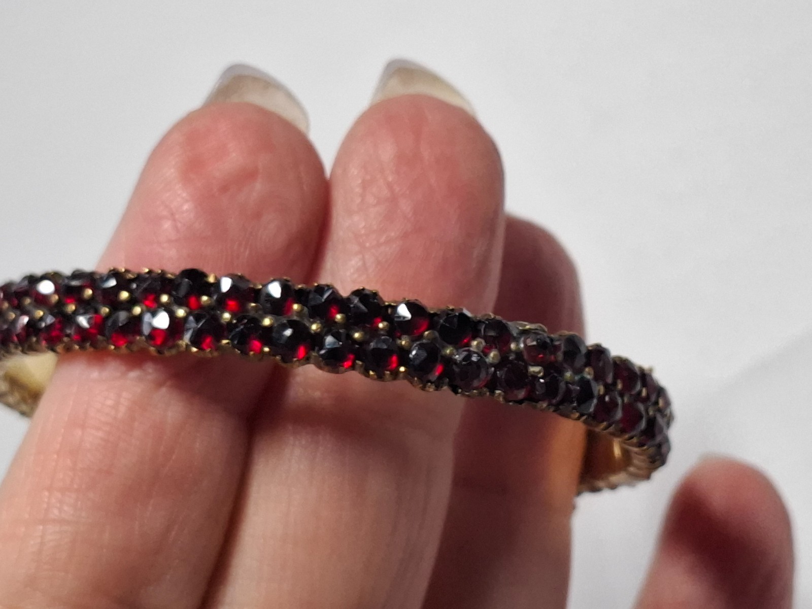 Solid Antique Gold Plated Bangle With Safety Clasp Red Garnets
