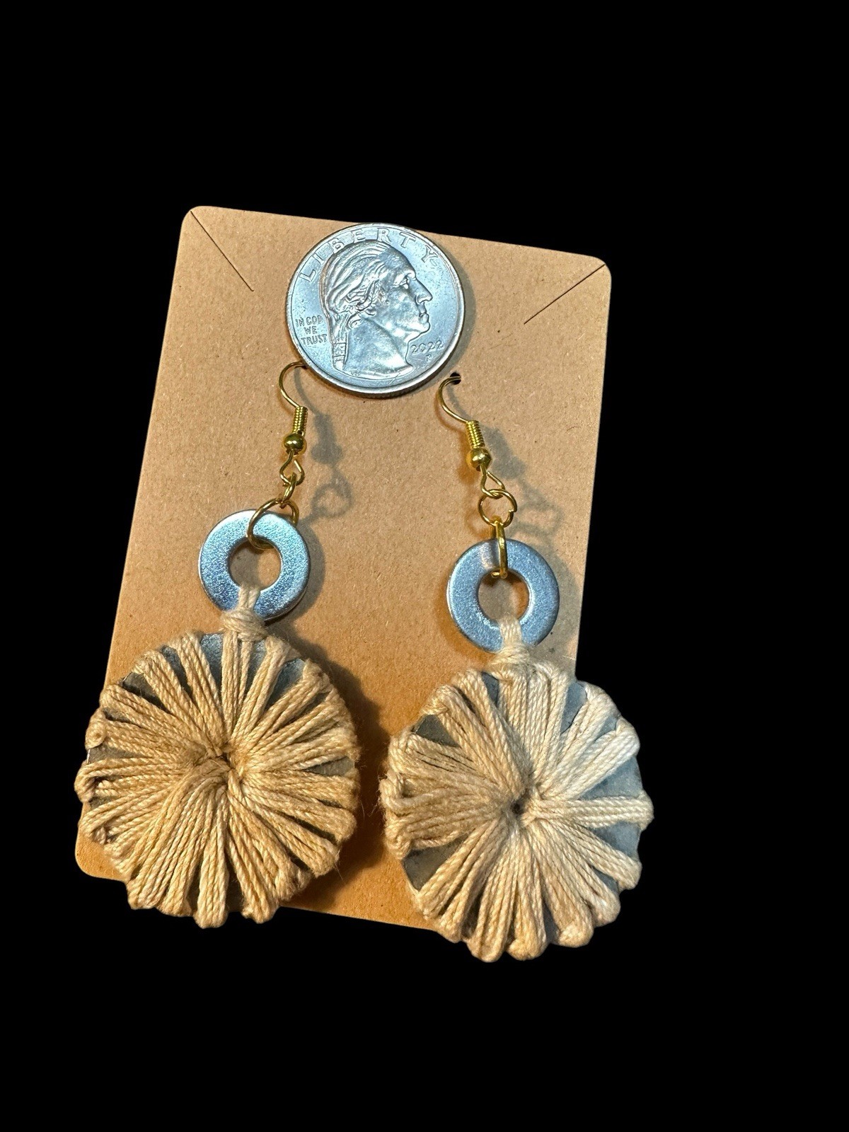 Beige Thread Wrapped washer Dangle Hook Earrings Gold Silver Tone Metal unique